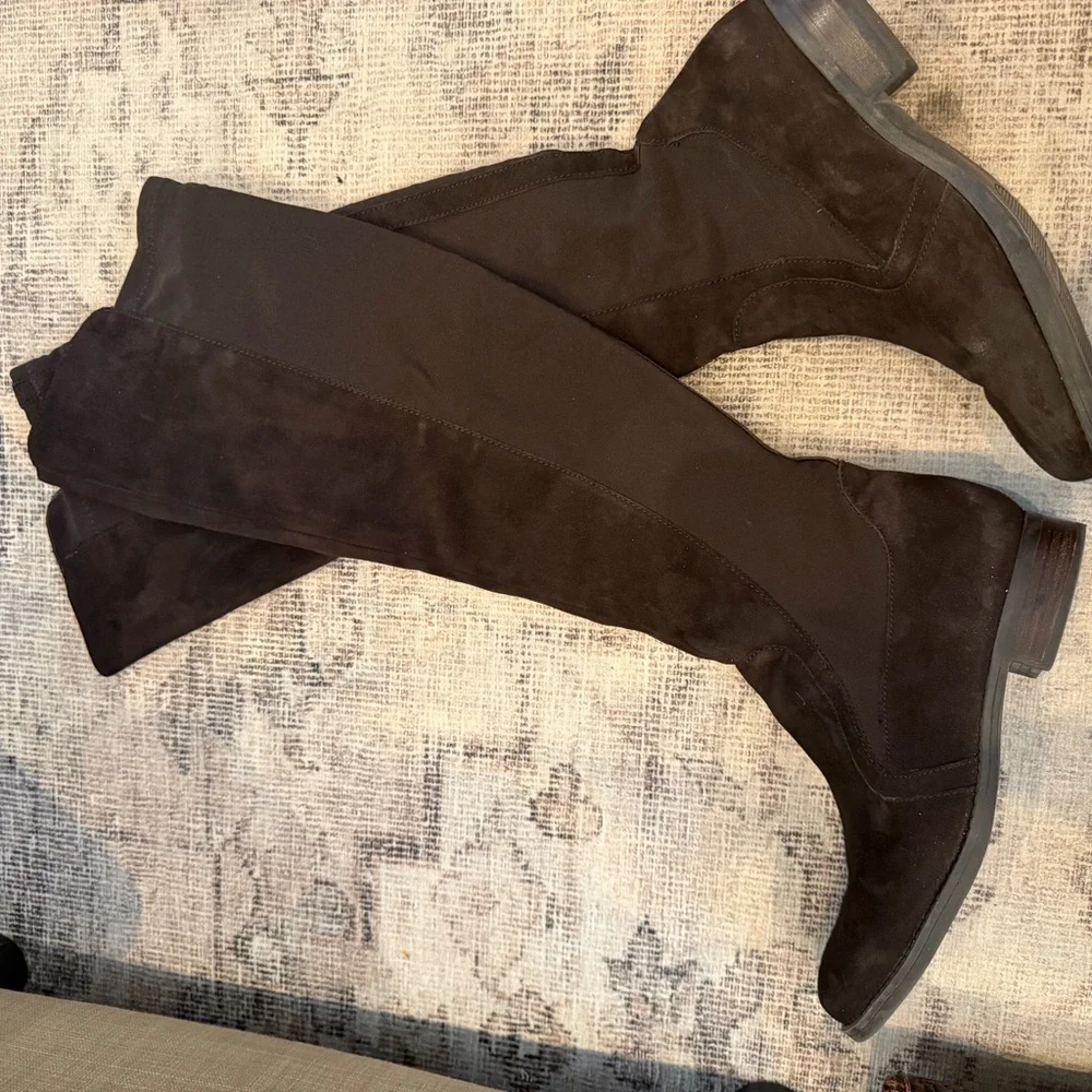 AUDREY BROOKE TAMELA OTK BOOTS 7.5 DARK BROWN SUEDE AND STRETCH 50/50 ($179)